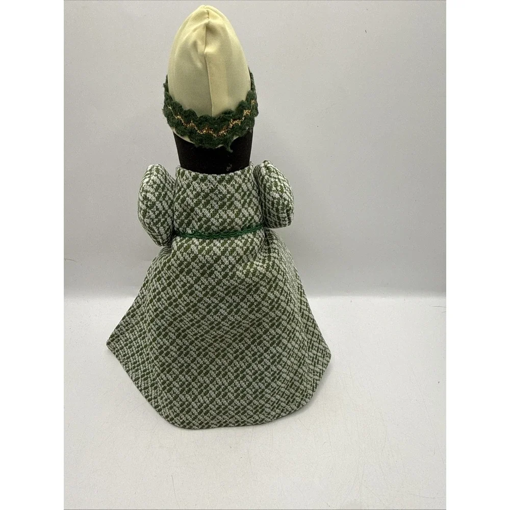 Vintage Handmade Folk Art Black Cloth Doll Green Tweed Coat Dress Cup of Candy